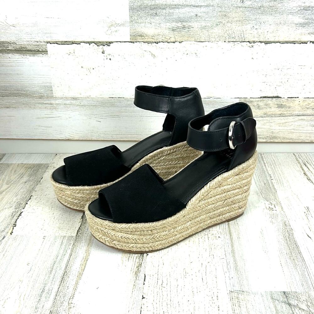 Marc Fisher Womens 9 Black Leather Buckle Platform Espadrille Sandals NEW